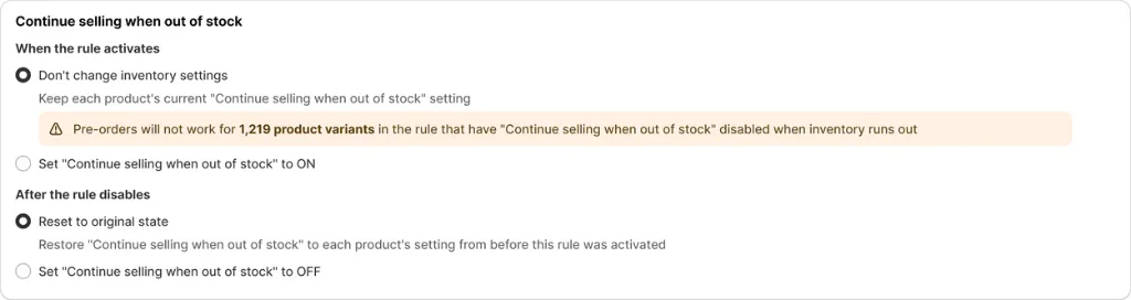 Continue selling settings